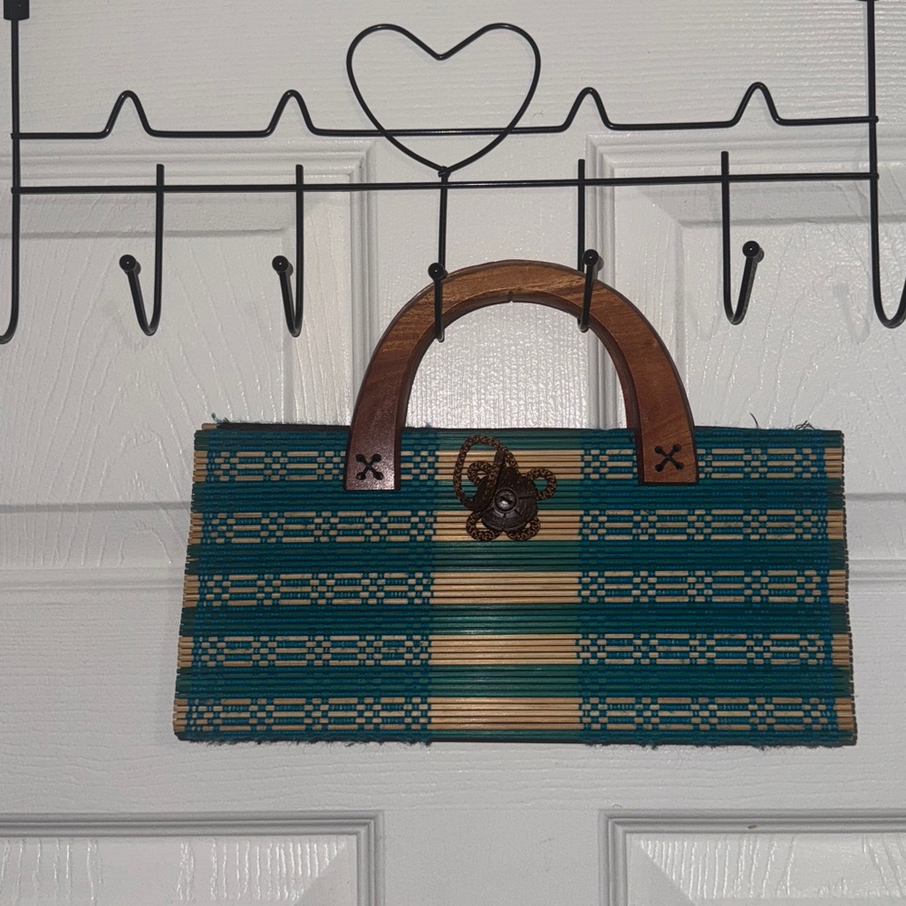 Teal and Tan Woven Handbag with Wooden Handles
